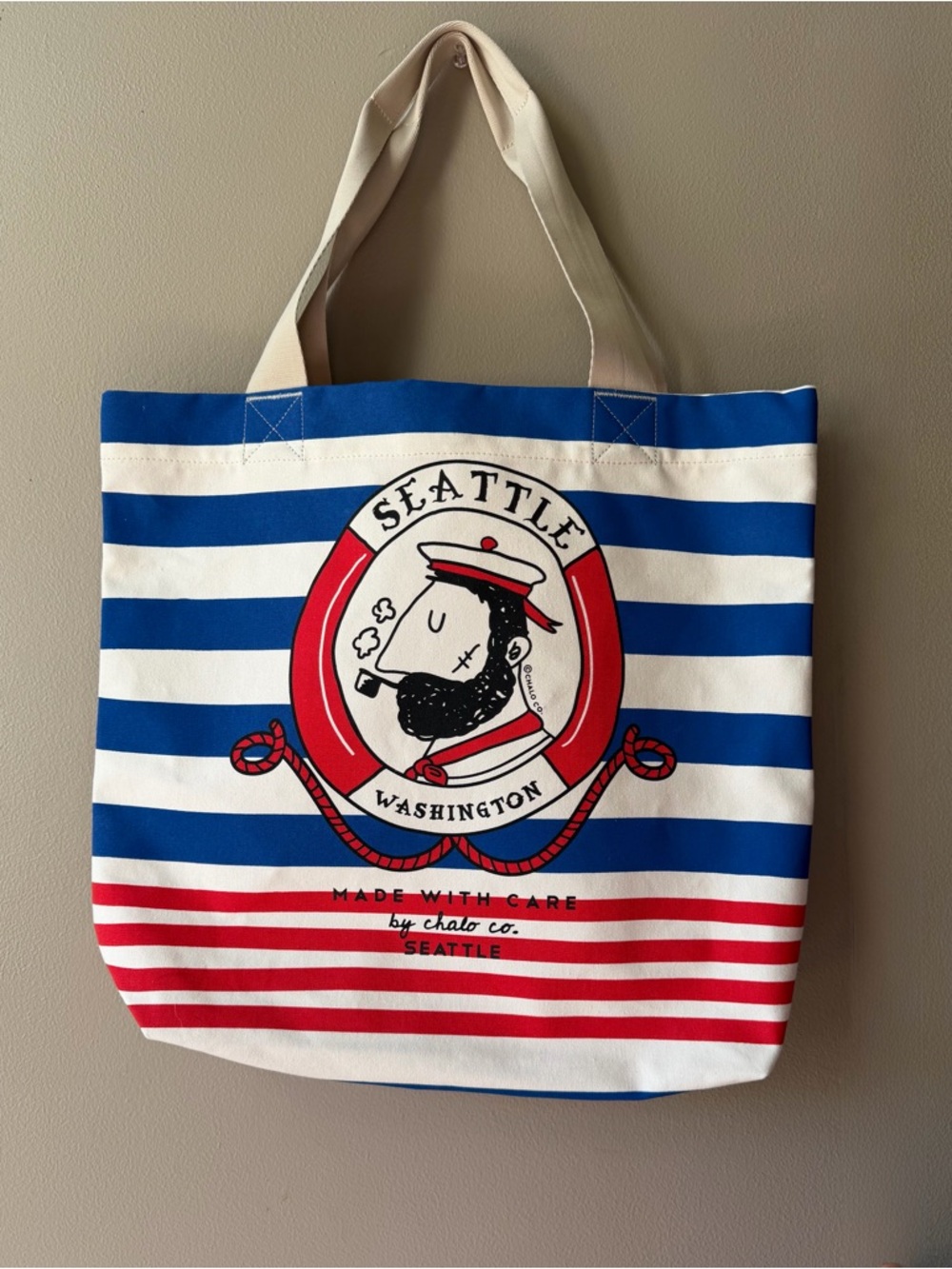 Chalo Seattle Washington Sailor Yachtsmen Nautical Striped Canvas Tote Bag